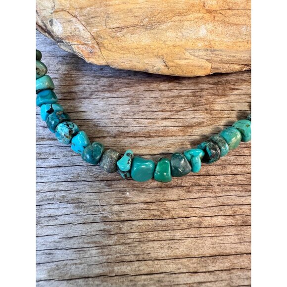 Vintage Turquoise Nugget Bead Necklace Sterling Silver Ends Hook Clasp Southwest - Picture 3 of 11